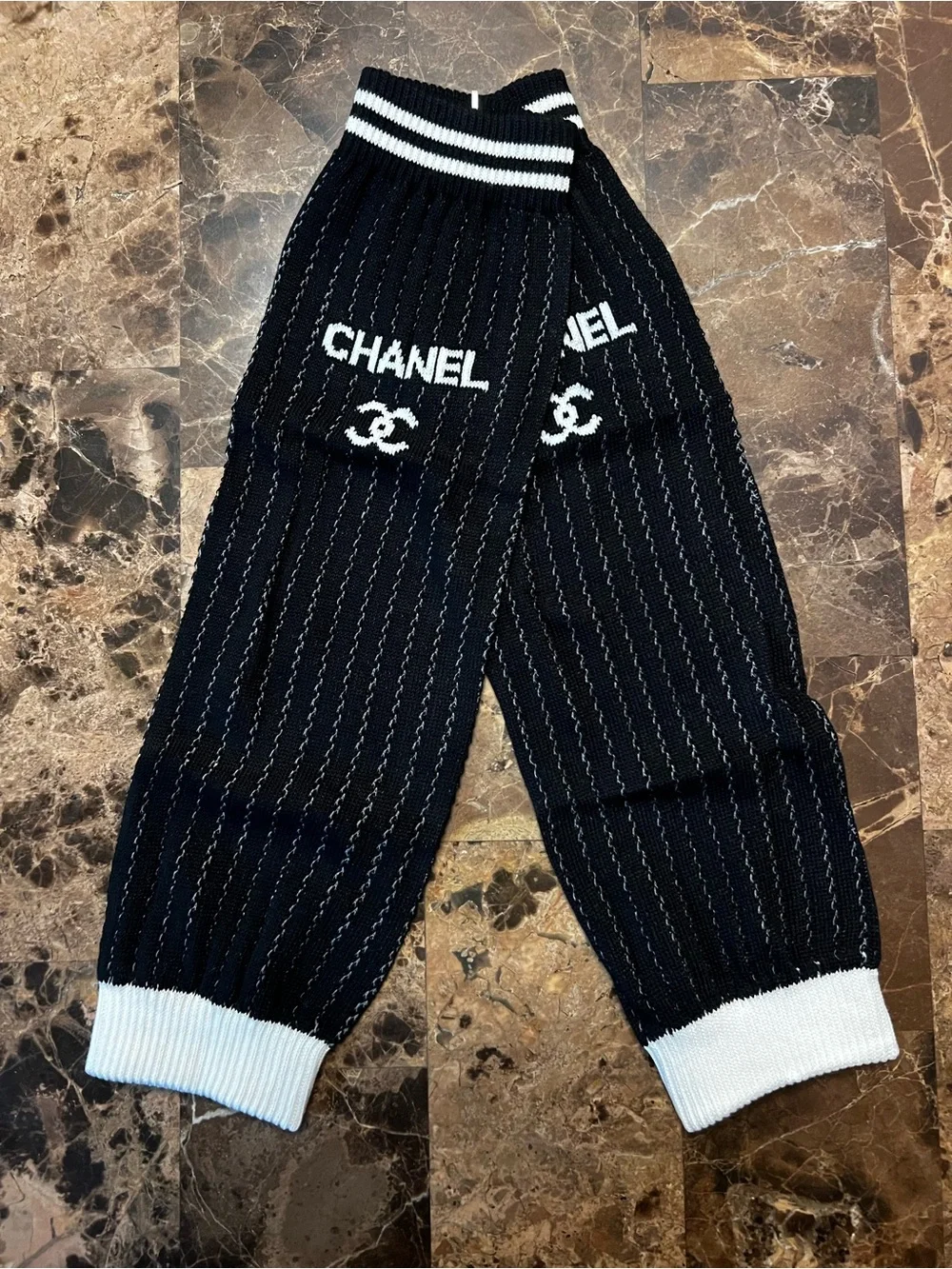 NEW ChaneI  Black and White Knit Logo Leg warmers / Gaiters